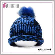 Fashion Girl Racoon Hair Ball Hand-Knitted Hat Melange Wool Cap
